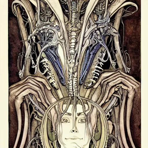 Image similar to a detailed, intricate watercolor and ink art nouveau portrait illustration with fine lines of h. r. giger's xenomorph alien head and torso, by arthur rackham and edmund dulac and lisbeth zwerger and alphonse mucha