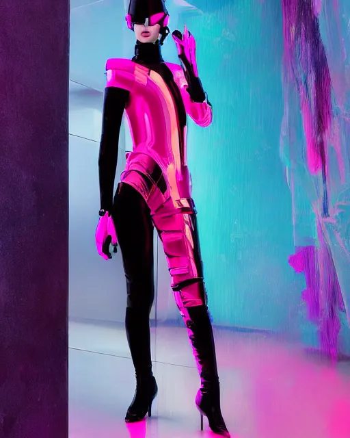 Image similar to an award winning fashion photograph for Balenciaga's futuristic cyberpunk Bladerunner 2049 fall corporate line by Artgerm, dazzle camouflage!, dayglo pink, dayglo blue, raven black, the Matrix