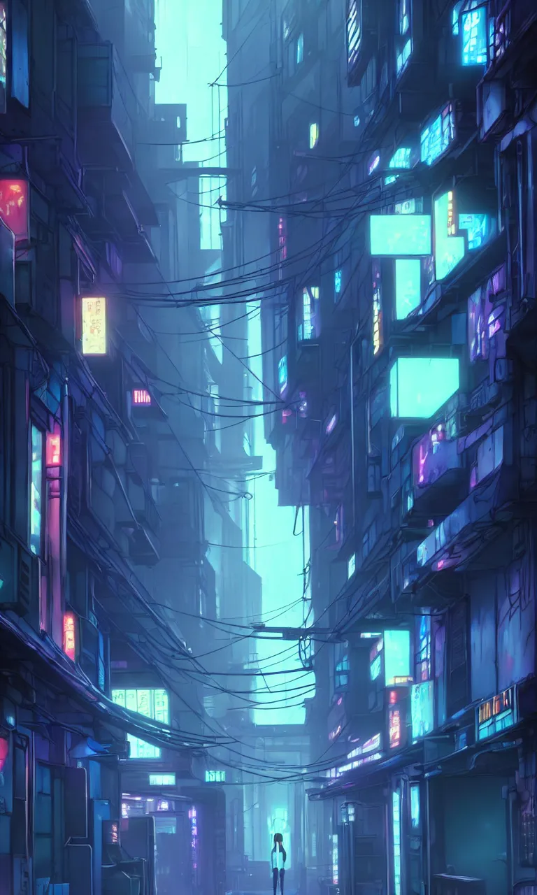 Image similar to city alleyway in the atmospheric cyberpunk anime film, gouache matte background painting, neon noir, at night with lights, by makoto shinkai, in the anime series ergo proxy, beautiful specular edge highlights and rim lighting