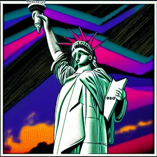 Prompt: the statue of liberty, retrowave epic art, trending on art station