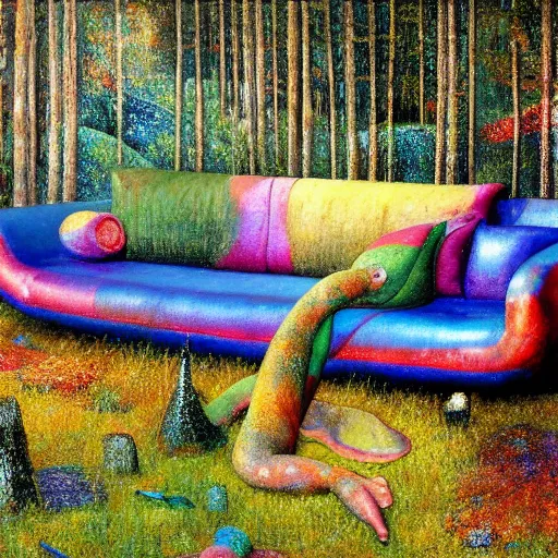 Image similar to psychedelic couch sofa in the lush pine forest, milky way, designed by arnold bocklin, jules bastien - lepage, tarsila do amaral, wayne barlowe and gustave baumann, cheval michael, trending on artstation, canada, star, sharp focus, colorful refracted sparkles and lines, soft light, 8 k 4 k