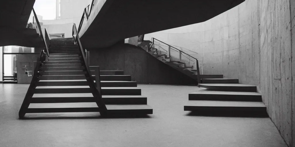 Prompt: staircase, brutalist, the parallax view, cinematic, atmospheric, shot on arri alexa