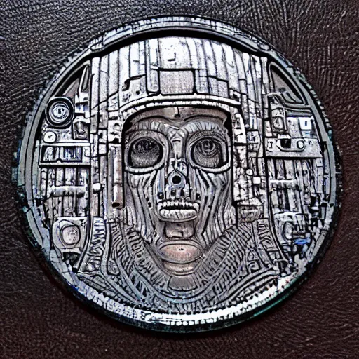 Prompt: ancient ruins in the style of h.r. Giger synthwave pressed penny art, stargate, full moon