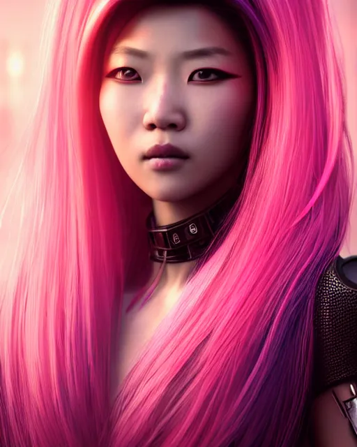 Image similar to portrait of a beautiful asian woman with pink hair as a cyberpunk cyborg half robot, sci - fi, missing panels, intricate abstract upper body intricate artwork, concept art, octane render, deviantart, cinematic, key art, hyperrealism, iridescent accents, portrait photograph, nikon 3 5 mm, photograph by greg rutkowski