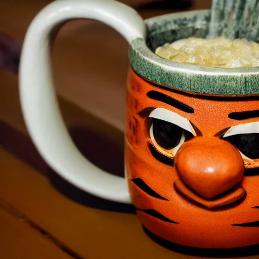 Prompt: a closeup photorealistic photograph of an orange cat garfield style tiki mug at a trader vic's restaurant with garfield's face on the front. tiki party. bright scene. fine detail. this 4 k hd image is trending on artstation, featured on behance, well - rendered, extra crisp, features intricate detail, epic composition and the style of unreal engine.