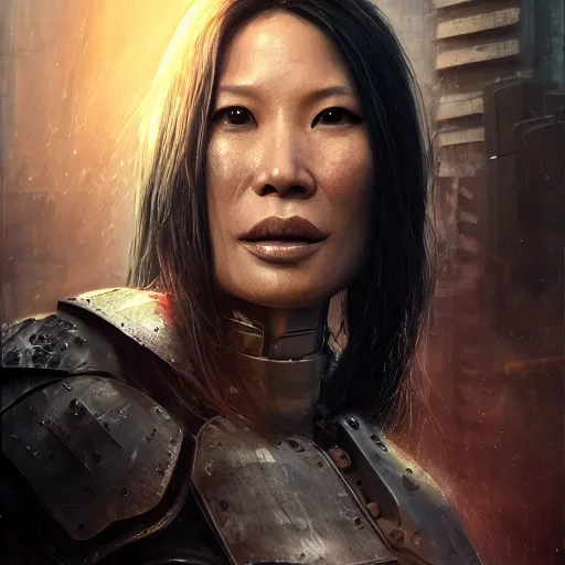 Image similar to lucy liu portrait, dystopia core, apocalyptic, armor, warrior, dramatic, sharp focus, fiction, neon, fantasy, hyper detailed, digital art, trending in artstation, cinematic lighting, studio quality, smooth render, unreal engine 5 rendered, octane rendered, art style and nixeu and wlop and krenz cushart