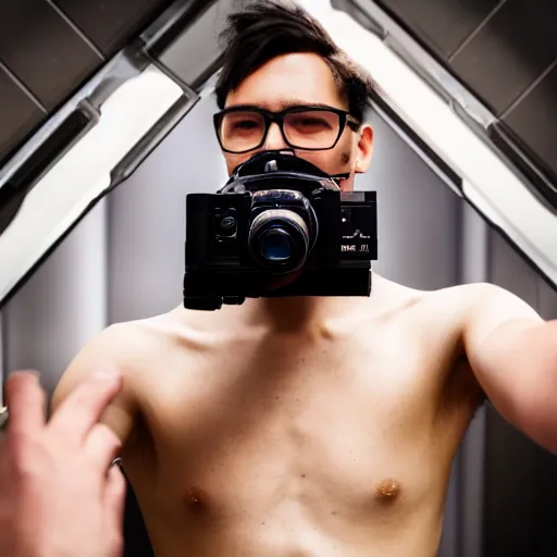 Prompt: cyberpunk photographer taking his selfie in the bathroom with face closed by a big Sony camera and bottomless male torso, detailed, award winning photo