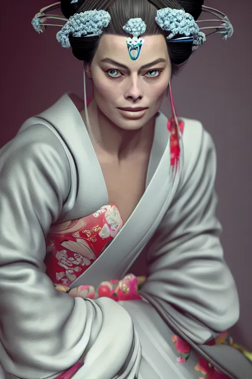 Prompt: a beautiful ultradetailed cinema 4d render of margot robbie as a geisha by zach sutton, trending in artstation, portrait photo, deep depth of field,