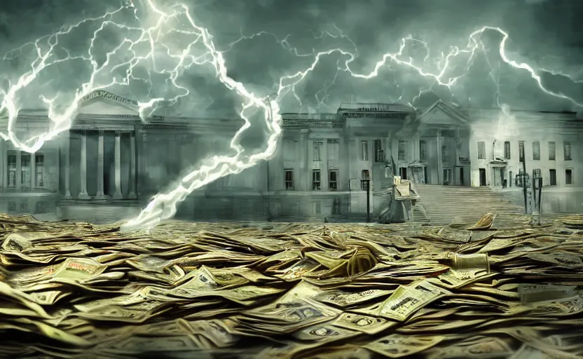 Image similar to A tornado of cash hitting a government building, landscape art, concept art, intense