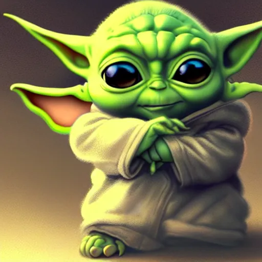 Image similar to illustration baby yoda sitting, simple cartoon style, by masamune shirow and greg rutkowski, character art, sharp focus, highly detailed, artstation