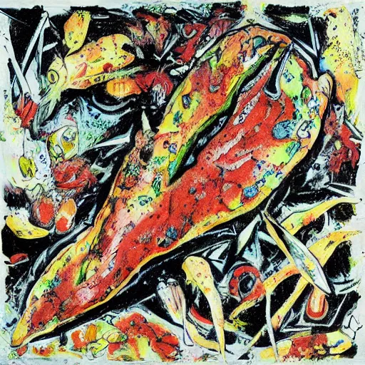 Image similar to dark extraterrestrial shore steak papaya, by jackson pollock and esao andrews, tiki, an ink drawing