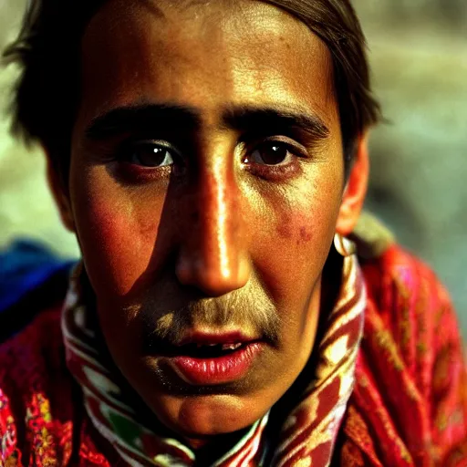 Prompt: nicholas cage as a little afghani girl close - up by steve mccurry