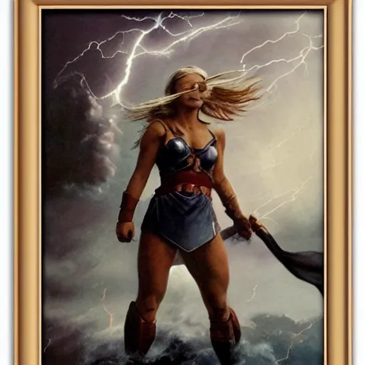 Image similar to ultra realistic portrait painting of female thor, art by frank frazetta, vintage levi ’ s ad, stormy weather, dark vibes, 4 k, ultra realistic, highly detailed, epic lighting