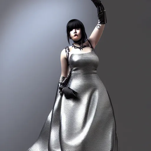 Prompt: curvy feminine hot goth cutie with sublime modest elegant patterned silver snakeskin leather neck-high gown, cgsociety, photorealistic, comfy ambience, idealistic, 16k, smooth, sharp focus, trending on ArtStation, volumetric lighting, fully clothed, worksafe