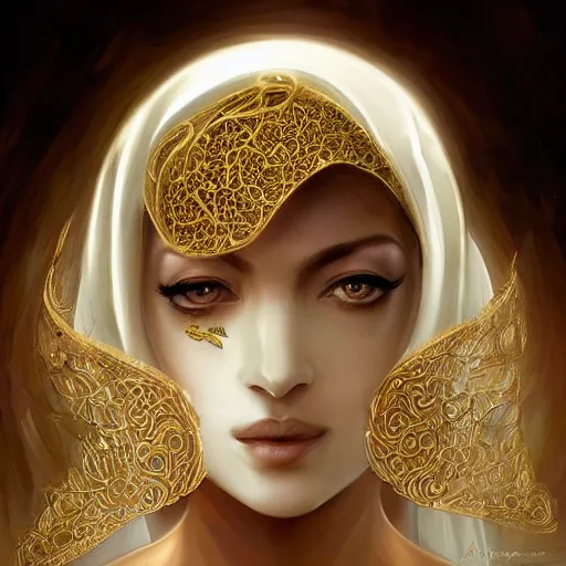 Image similar to a beautiful woman wearing a white niqab made of silk with golden jewelry and diamonds by alex gray and android jones, karol bak, ayami kojima, arabian, concept art, fantasy