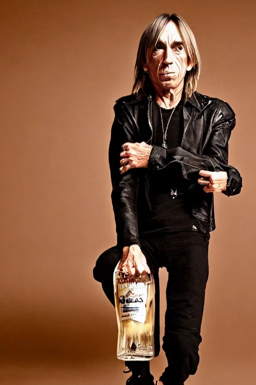 Prompt: iggy pop standing inside an enormous glass bottle