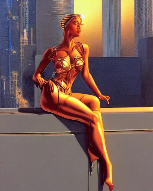 Image similar to a picture of a woman sitting on a ledge, cyberpunk art by boris vallejo and by syd mead and by hiroshi nagai, cgsociety, figurative art, airbrush art, made of liquid metal, synthwave