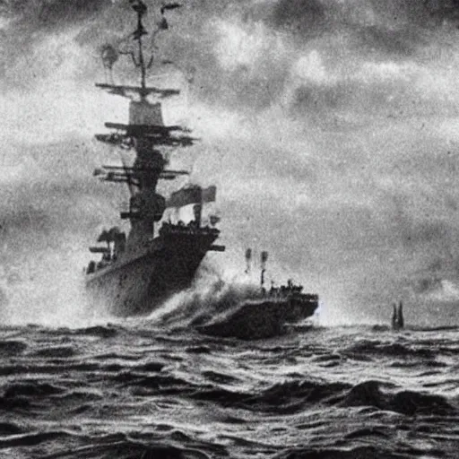 Image similar to giant anomalous creature in the middle of a violent stormy ocean being encountered by warship, 1900s photograph