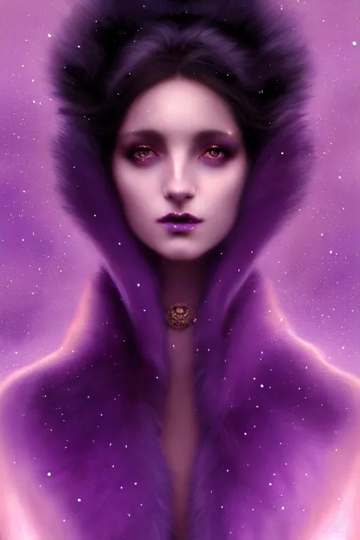 Prompt: Nocturne, glowing, stars, a portrait of a beautiful female shadow djinn creature with long fur collar, highly detailed, mysterious, ethereal, dressed in violet velvet, haute couture, illustration, dramatic lighting, soft details, painting, by Edmund Blair Leighton, Brom, Charlie Bowater, trending on artstation, faces by Tom Bagshaw, otto schmidt