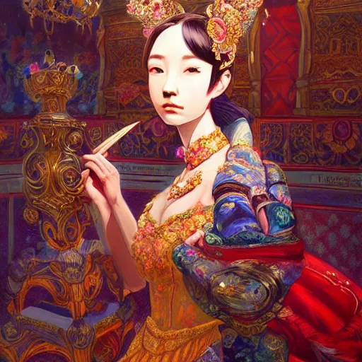 Image similar to beautiful girl in ornate clothing by ross tran, in a royal theatre, painted by sana takeda, reflections, very high intricate details, painting by liu xiaodong, digital anime art, medium shot, mid - shot, composition by ilya kuvshinov, backlit, lighting by greg rutkowski