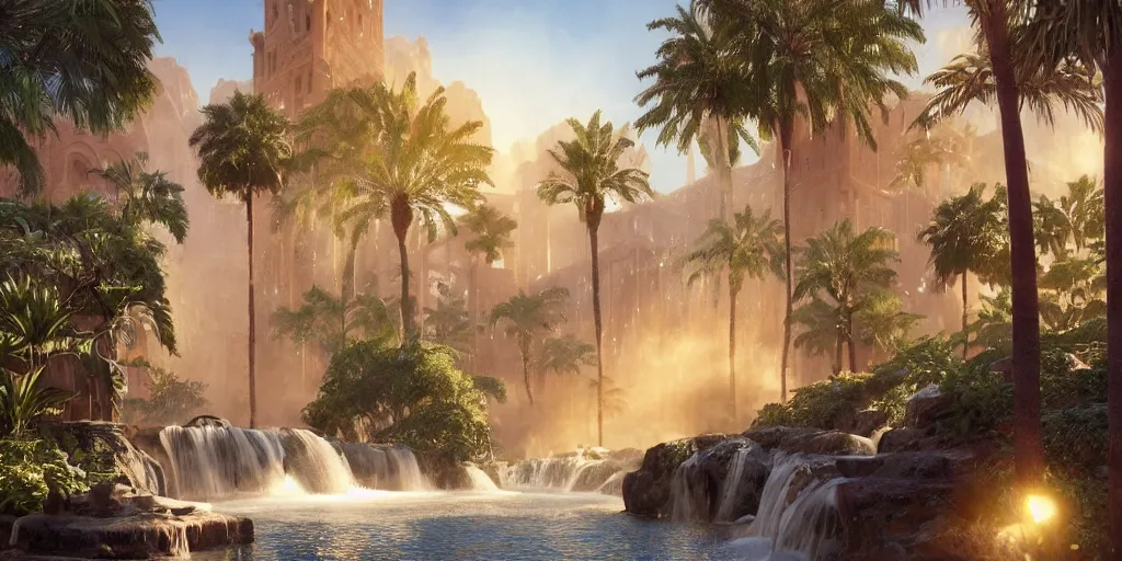 Image similar to beautiful oasis waterfalls surrounded by palm trees, moroccan tile archways, date trees, ivory towers, sun setting, ross tran, nephilim, pyroclastic flow, ethereal, fantasy, james jean, oozium, peter morbacher angelarium alchemy luxury heavenly light soft illumination, trending on artstation, cinematic lighting, digital painting, octane render, artgerm