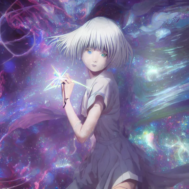 Image similar to rei ayanami, deep space, seascape, grimes, lain iwakura, silver hair, johfra bosschart, usagi, cut anime maid, cosmos, psychedelic flowers, black opal, rainbow aura quartz, organic, oni compound artwork, of character, render, artstation, portrait, wizard, beeple, art, fantasy, epcot, psychedelic glitchcore