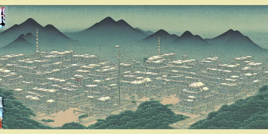 Image similar to an elder chinese space city by kawase hasui. hd