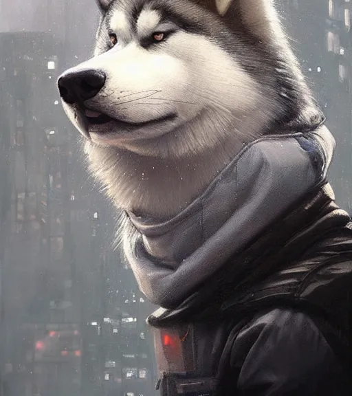 Prompt: new york city portrait of furry anthro anthropomorphic malamute husky head animal person fursona wearing clothes strange cybernetic augmentations cyber muzzle gloomy rainy cyberpunk digital art by Greg Rutkowski, Simon Stalenhag, trending on Artstation, CGSociety