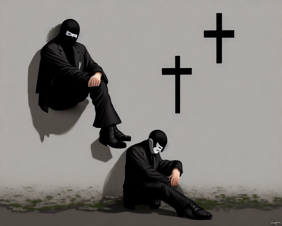 Image similar to a man in a black mask rests his foot against a wall, with a black christian cross graffiti on the wall, highly detailed, by ilya kuvshinov, greg rutkowski and makoto shinkai, trending on artstation