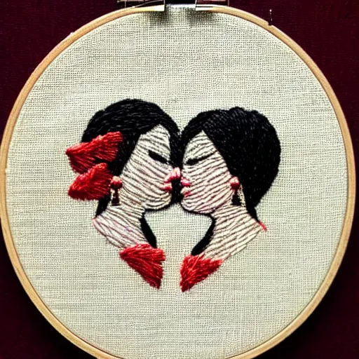 Prompt: a tiny beautiful handmade embroidery of a kiss. hand embroidery.