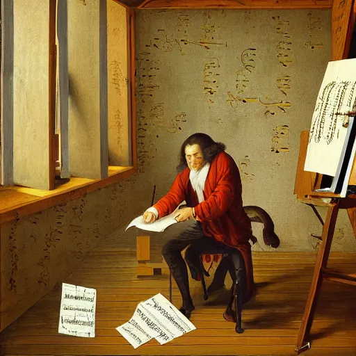 Image similar to highly detailed painting of bach writing a piece of music on a sheet of paper, he is inside of a wooden shack, 4 k resolution, by jaquis luis david, visible paint layers, renaissance.