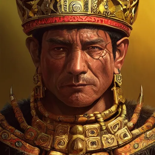 Image similar to aztec emperor, tenoch huerta, D&D, fantasy, portrait, highly detailed, digital painting, trending on artstation, concept art, sharp focus, illustration, art by artgerm and greg rutkowski and magali villeneuve