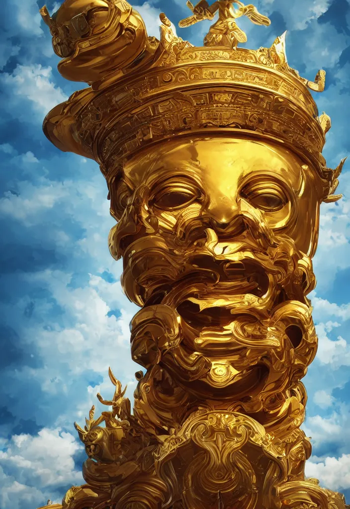 Image similar to wide shot of the floating face of a god with a million eyes on the top of a shrine, digital art, trending on artstation, golden color palette, dynamic composition, realistic clouds, 4k, 8k