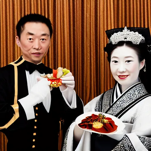 Prompt: A close up shot, colored black and white Russian and Japanese mix historical fantasy a photograph portrait taken at the empress and emperor's royal wedding breakfast, a collection of food and drinks was served, mixing traditional Japanese choices with some Russian influences, professional corporate portrait, warm lighting, 1907 photo from the official wedding photographer for the royal wedding.