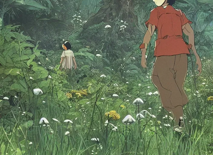 Prompt: a lot of jungle flowers and plants + poison toxic mushrooms surrounded by cables + long grass + broken droid + garden dwarf + mystic fog, line drawing, no - shadow, black and white, by makoto shinkai takashi takeuchi studio ghibli, akihiko yoshida, 5 0's vintage sci - fi style, rule of third!!!!