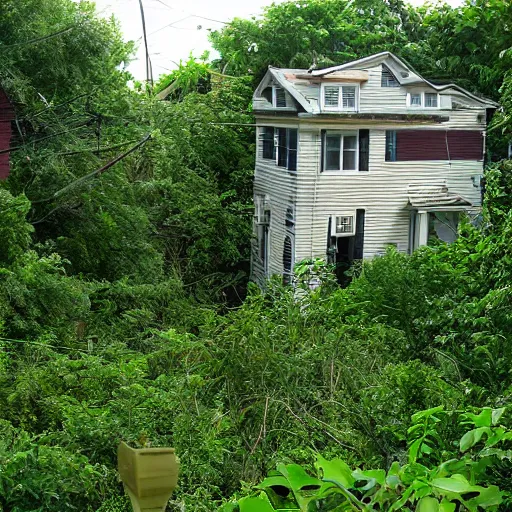 Image similar to poor neighborhood, overgrown, photo taken from a porch