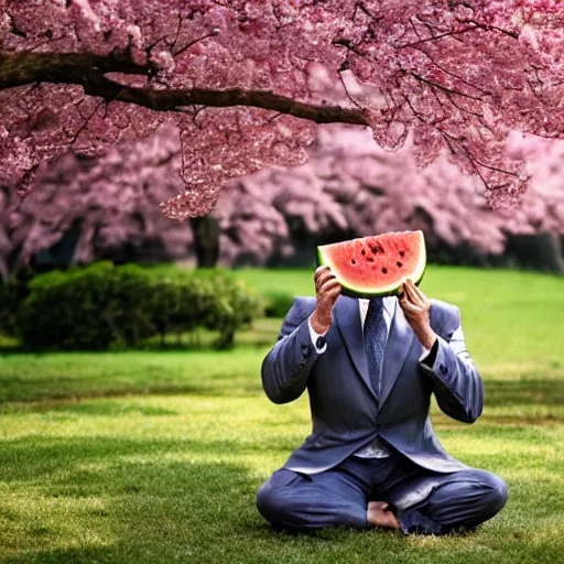 Prompt: photo, arnold schwarzenegger eats watermelon, japanese kimono, high heels, under sakura tree, camera on face