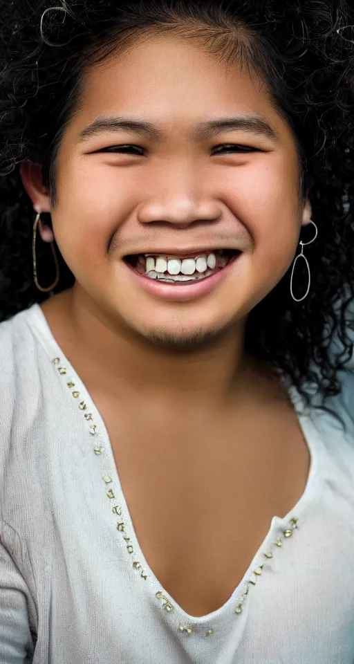 Prompt: close up photograph of a single fat filipino teenage boy smiling with crooked teeth, with a curly perm, and with small studded earings, 4 k, photorealistic, high detail by annie leibovitz