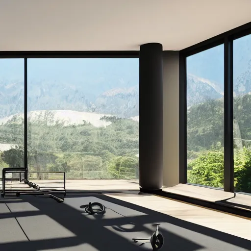 Image similar to brutalist open space home gym, big windows, showing nature landscape on background, minimalist architecture, minimalist furniture, octane render, high quality, 8 k, post production