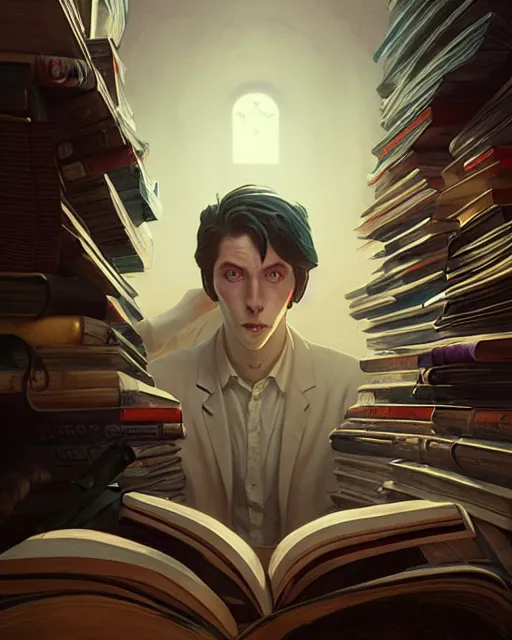 Image similar to highly detailed surreal vfx portrait of a villain in a graveyard of books, stephen bliss, unreal engine, greg rutkowski, loish, rhads, beeple, makoto shinkai and lois van baarle, ilya kuvshinov, rossdraws, tom bagshaw, alphonse mucha, global illumination, detailed and intricate environment