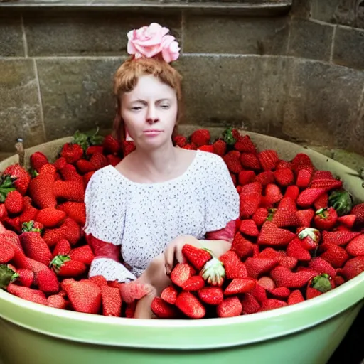 Image similar to bath filled with strawberries, woman sitting inside