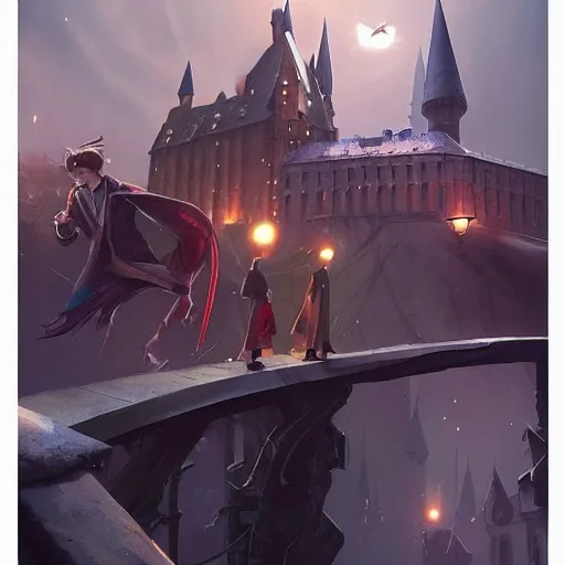 Image similar to a wholesome animation key shot of harry potter students, fantasy, colorful, pixar and disney animation, sharp, very detailed, high resolution, key art by greg rutkowski, bloom, dramatic lighting