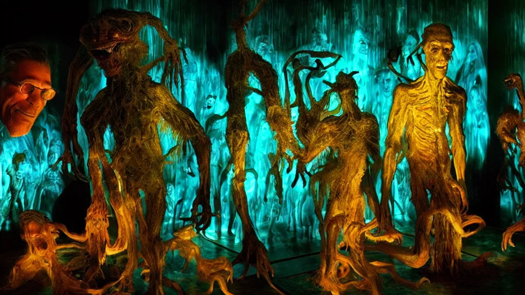Prompt: museum of strange creatures, made of glowing oil, film still from the movie directed by denis villeneuve and david cronenberg with art direction by salvador dali and dr. seuss