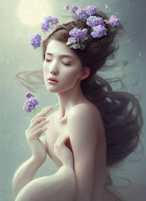 Image similar to a photographic portrait of a seductive sleeping anthropomorphic hydrangea blossom with a perfect face, fantasy, wind blowing hair, intricate, elegant, very very highly detailed, digital painting, artstation, concept art, smooth, super sharp focus, illustration, art by artgerm and greg rutkowski and fuji choko and viktoria gavrilenko and hoang lap