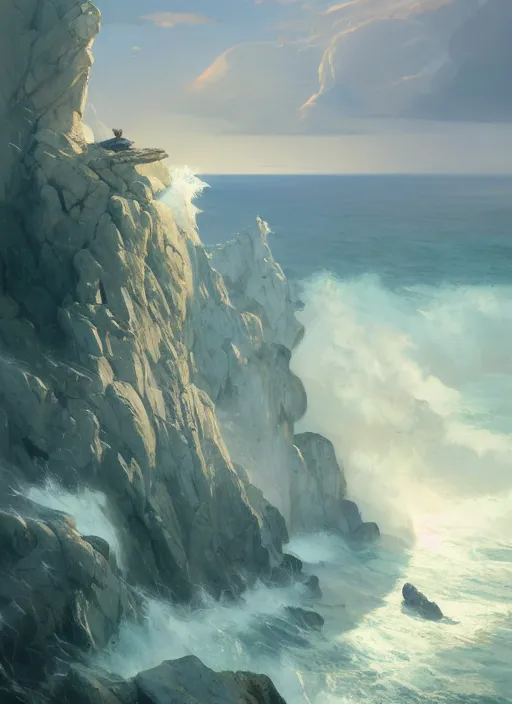 Prompt: steep cliffs overlooking a stormy sea, extremely detailed oil painting, unreal 5 render, rhads, sargent and leyendecker, savrasov levitan polenov, bruce pennington, studio ghibli, tim hildebrandt, digital art, landscape painting, octane render, beautiful composition, trending on artstation, award winning photograph, masterpiece