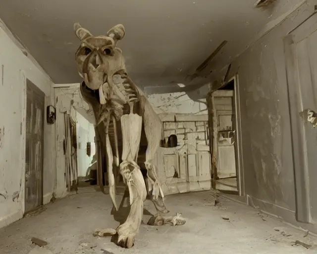 Prompt: dark abandoned hallway at night with skeletal bear, letterbox crop, widescreen, 40mm tape, technicolour film, grainy, horror