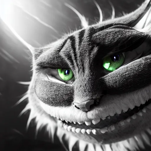 Image similar to full body pose, hyperrealistic photograph of the cheshire cat, dim volumetric lighting, 8 k, octane beautifully detailed render, extremely hyper detailed, intricate, epic composition, cinematic lighting, masterpiece, trending on artstation, very very detailed, stunning, hdr, smooth, sharp focus, high resolution, award, winning photo, dslr, 5 0 mm