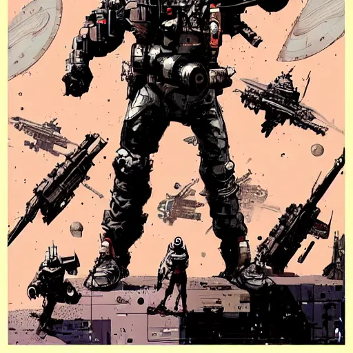 Image similar to the spacebattle, industrial scifi, cyberpunk, in the style of Ashley Wood and Moebius