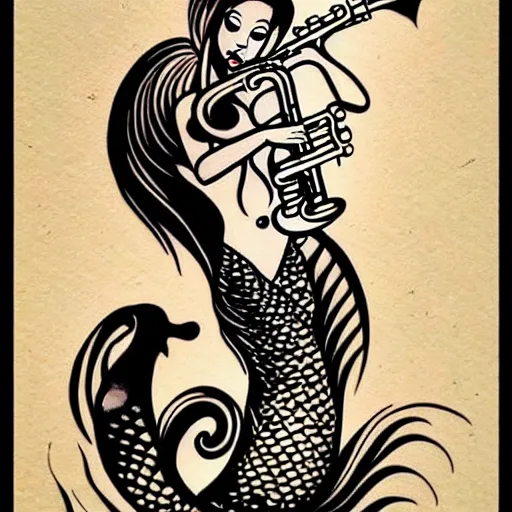 Prompt: american traditional tattoo art of a mermaid playing the saxophone, sheet paper