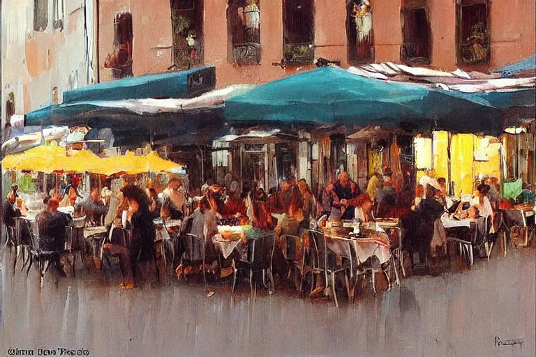 Prompt: “ italian street restaurant on the boulevard, simon pasini ”